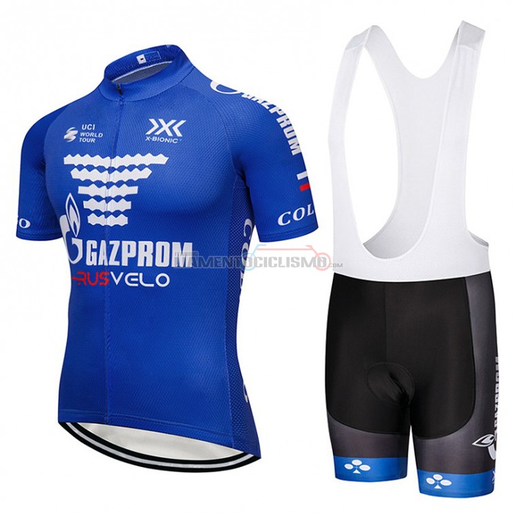 Abbigliamento Ciclismo Gazprom Rusvelo Manica Corta 2018 Blu e Bianco
